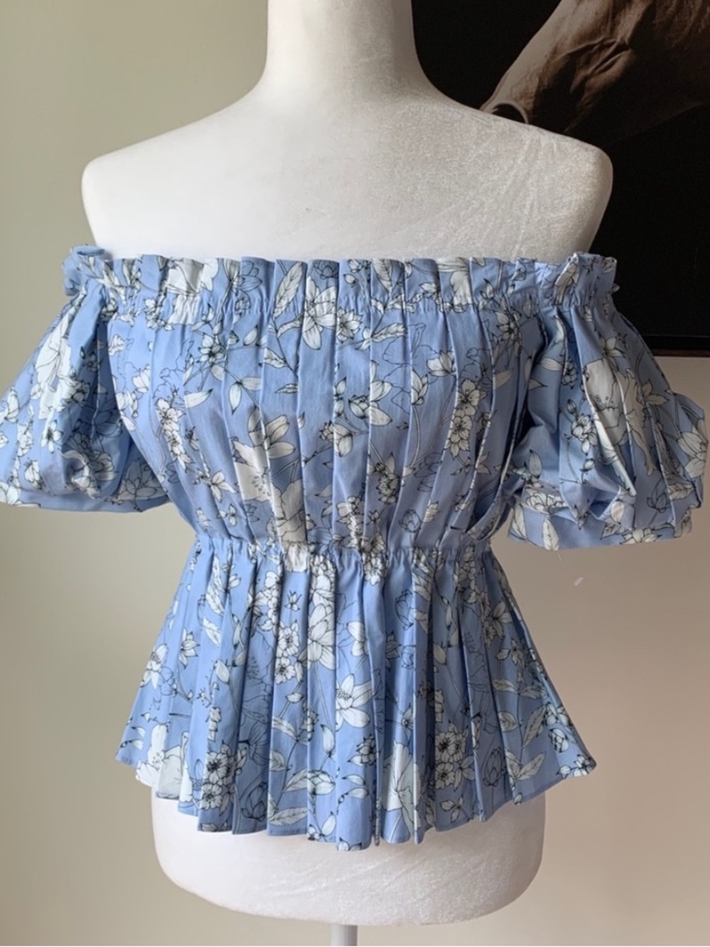 ANTONIO MELANI Blue Floral Off-Shoulder PleatedPeplum Blouse